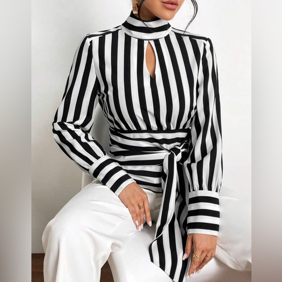 FHQ COLLECTION Tops - STYLEWE Long Sleeve Black and White Stripe Blouse Women 2XL